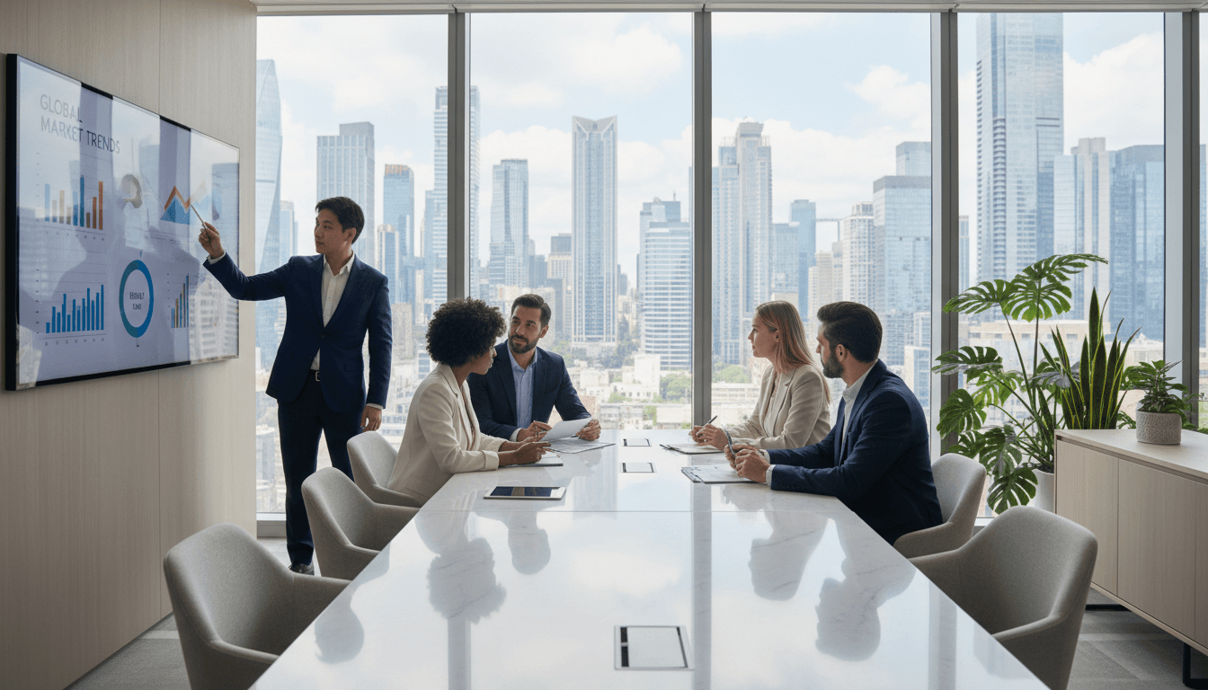 Diverse consulting team collaborating around conference table with market data displayed on wall monitor