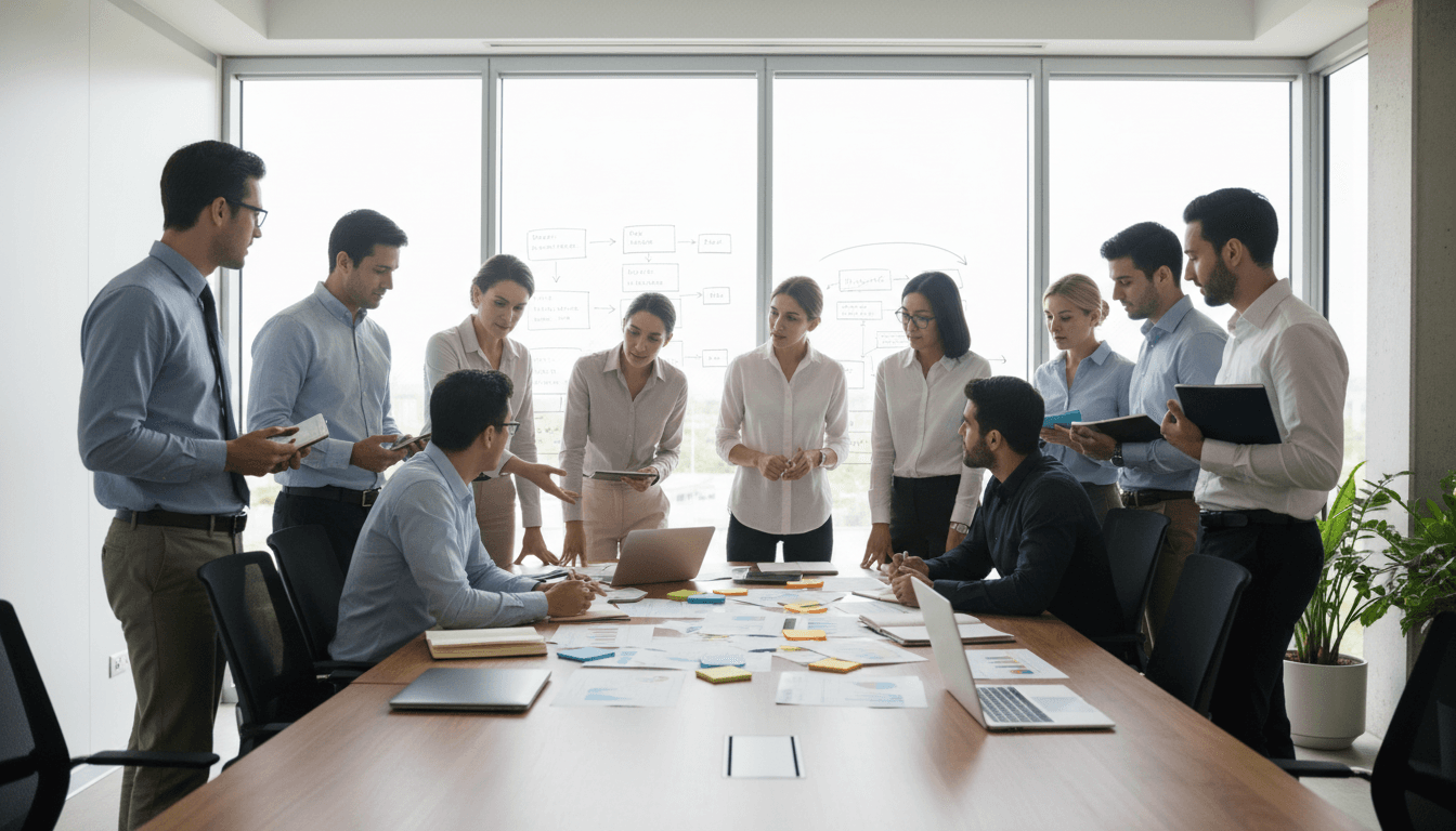 Diverse team of consultants collaborating around conference table analyzing workflow diagrams and process improvements in modern office