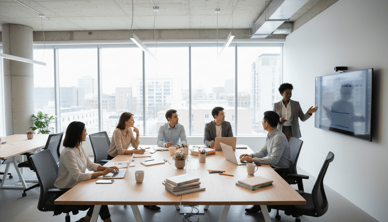 Diverse team of five professionals collaborating around tables in bright modern office with natural light and contemporary workspace design