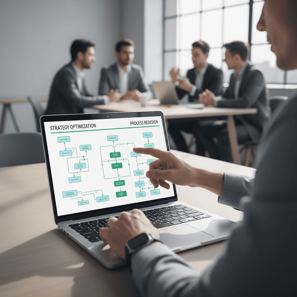 Consultant pointing at laptop screen showing workflow diagrams and automation process maps in modern office